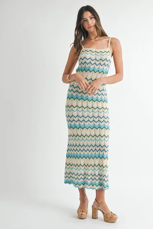 Image of MABLE Lightweight Pointelle Chevron Knit Maxi Dress | Queeble.shop
