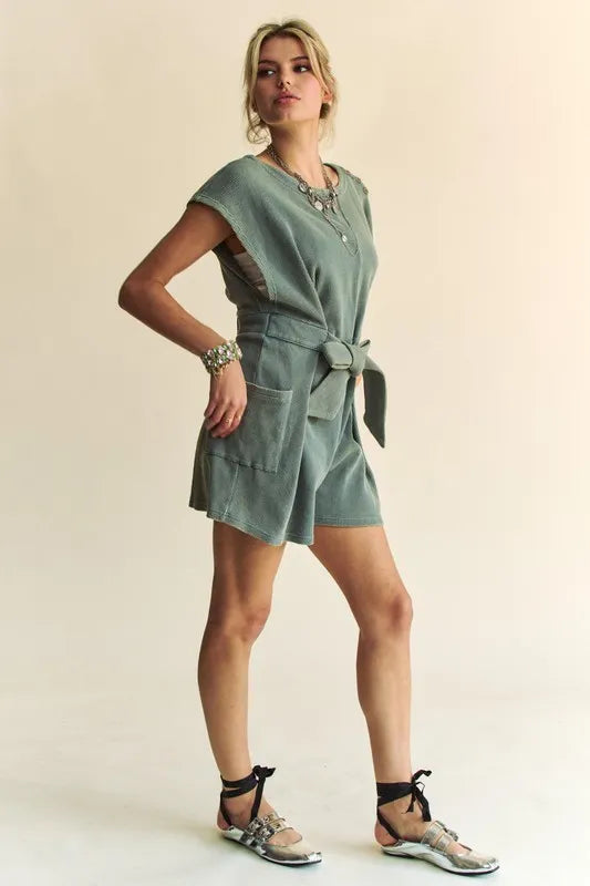 Image of Davi & Dani Acid-Washed Waffle Knit Cuffed Sleeves Romper | Queeble.shop
