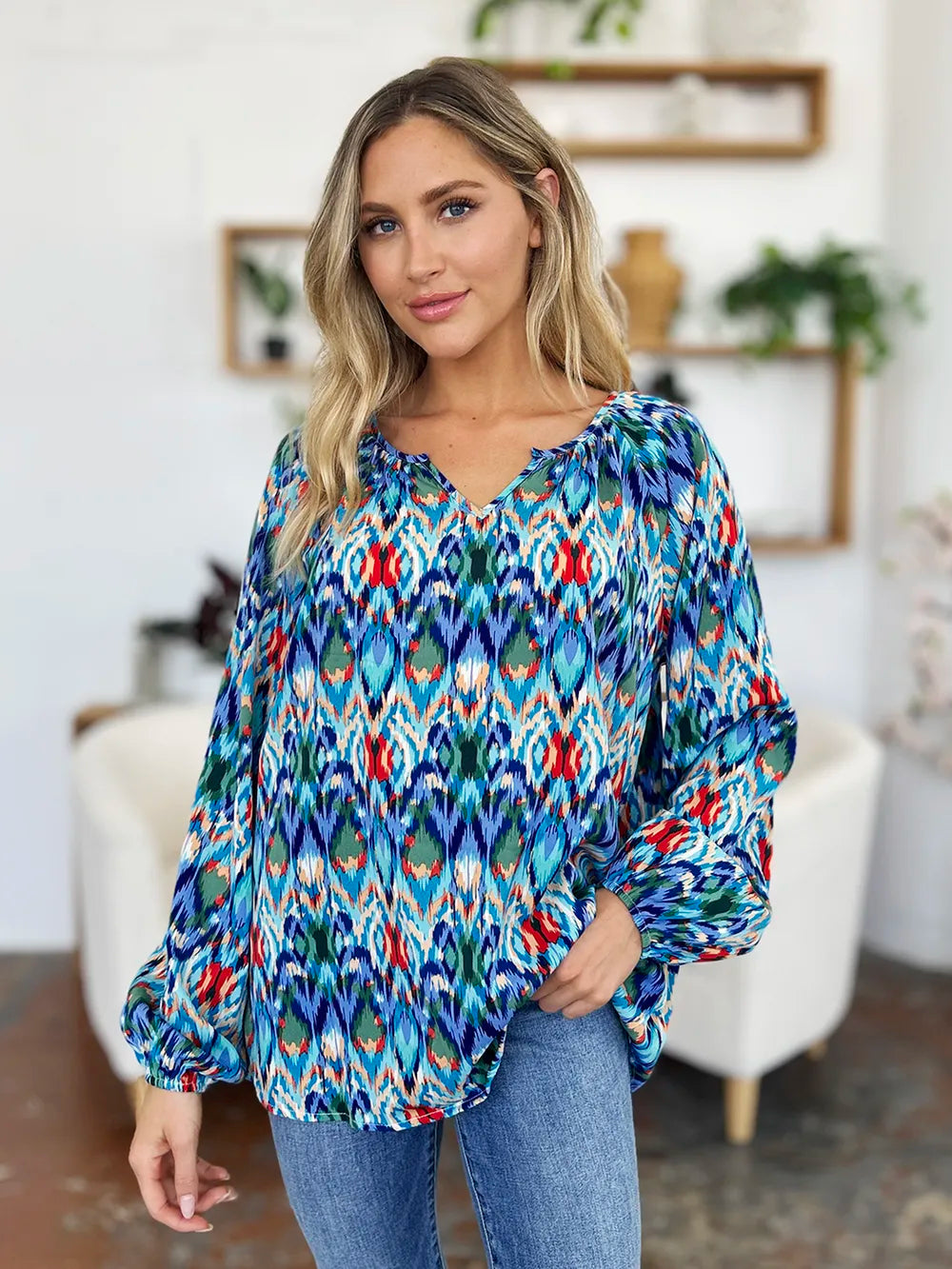 Image of Double Take Full Size Printed Balloon Sleeve Blouse | Queeble.shop