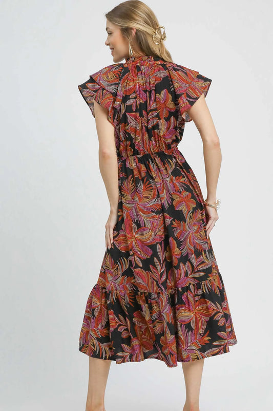 Image of Umgee Mix Ruffle Sleeve Tropical Midi Dress | Queeble.shop