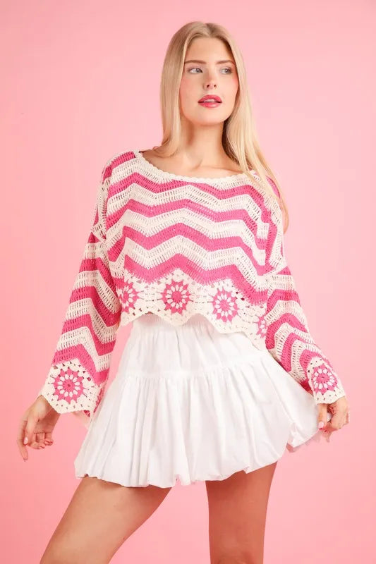 Image of VERY J Chevron/Floral Pattern Crochet Knit Top | Queeble.shop