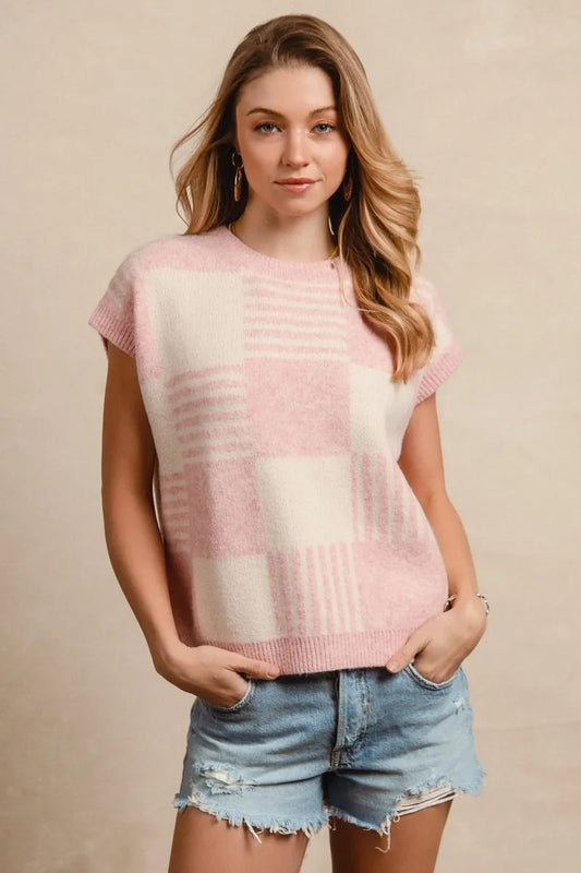 Image of BiBi Checker With Stripes Pattern Sleeveless Sweater | Queeble.shop