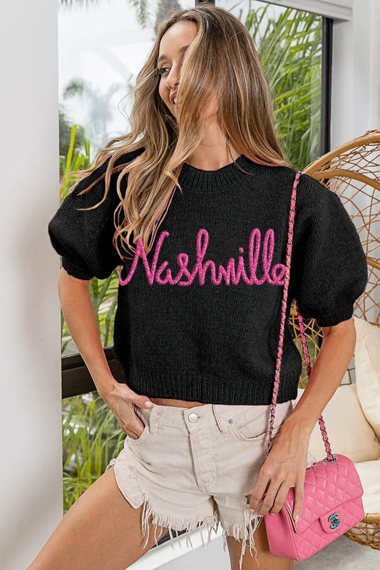Image of BiBi Metallic Letter Short Puff Sleeve Hairy Sweater | Queeble.shop