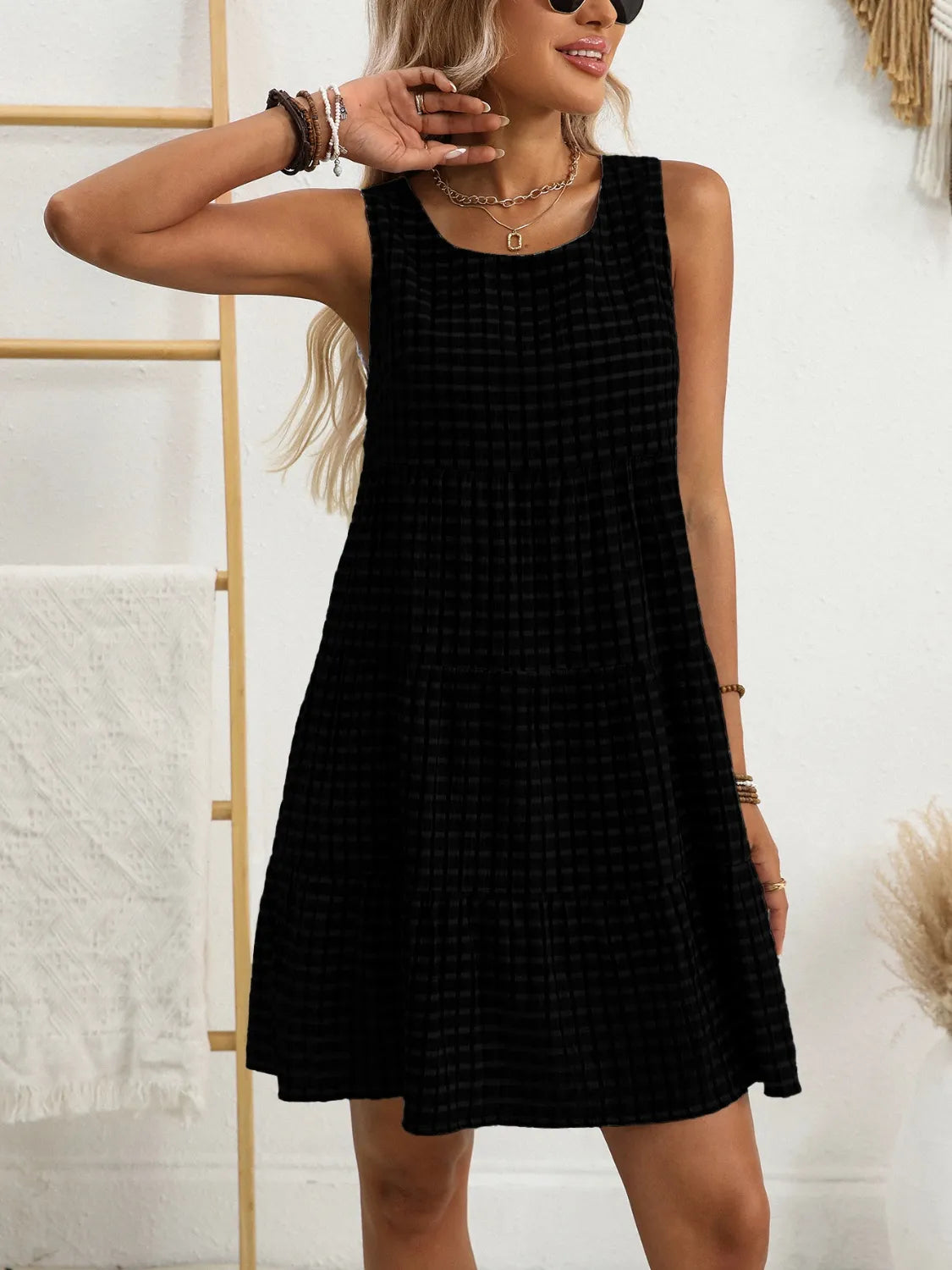 Image of Plaid Round Neck Sleeveless Mini Dress | Queeble.shop