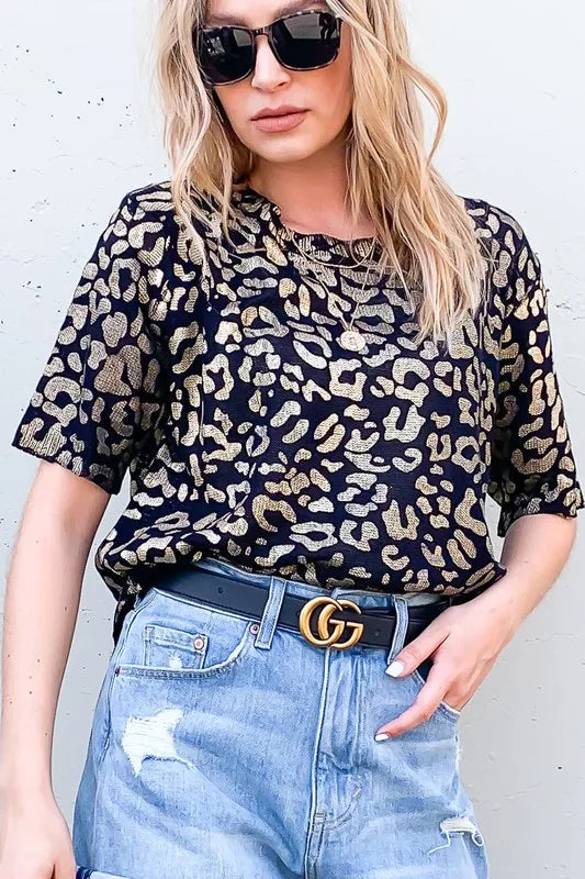 Image of And The Why Leopard Foil Printed Half Sleeve Summer Sweater | Queeble.shop