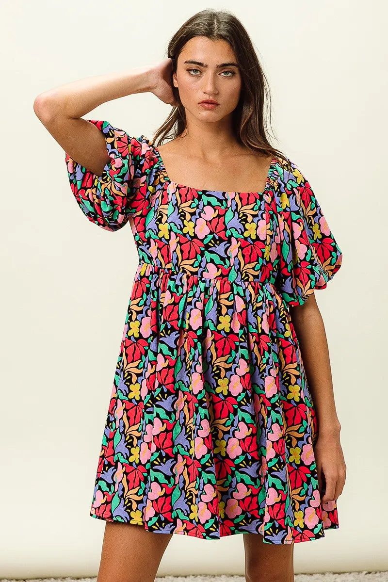 Image of BiBi Floral Print Puff Square Neck Dress | Queeble.shop
