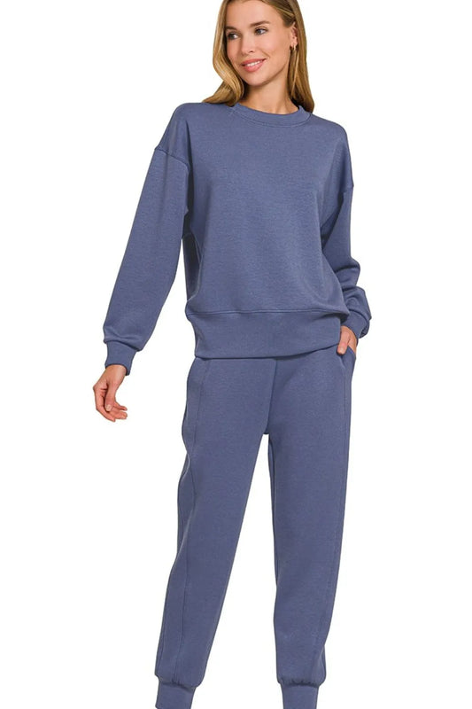 Image of Zenana Scuba Crewneck Pullover & Joggers 2 Pieces Set | Queeble.shop