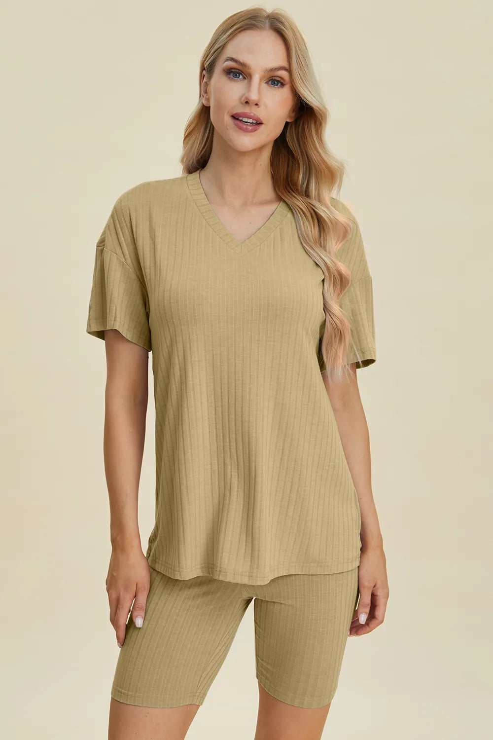 Image of Basic Bae Full Size Ribbed V-Neck Short Sleeve Top and Shorts Set | Queeble.shop