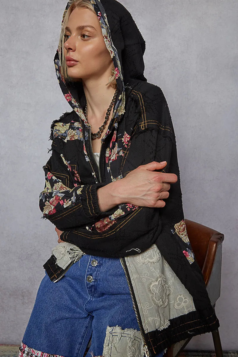 Image of POL Zip Up Floral and Lace Patch Washed Jacket | Queeble.shop