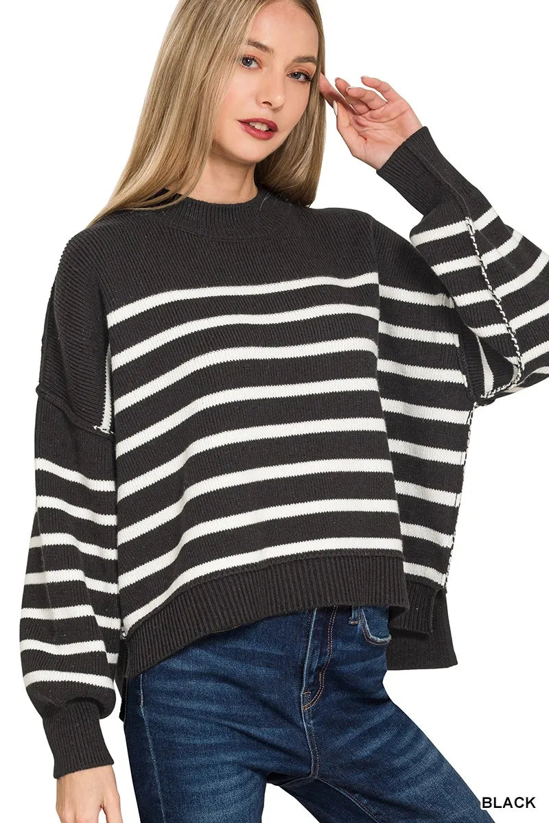 Image of Zenana Exposed Seam Striped Oversized Sweater | Queeble.shop