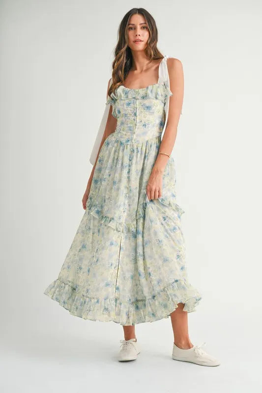 Image of MABLE Floral Printed Shoulder Strap Midi Dress | Queeble.shop