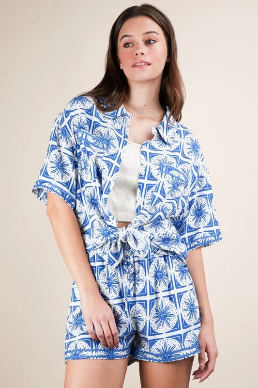 Image of VERY J Full Size Tropical Printed Shirt Top and Shorts Set Plus Size | Queeble.shop