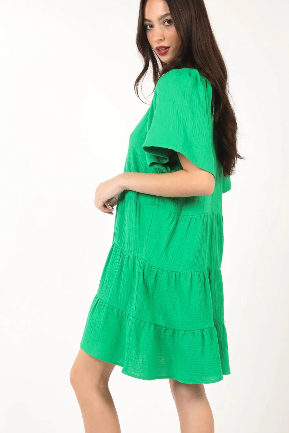 Image of VERY J Texture V-Neck Ruffled Tiered Dress | Queeble.shop