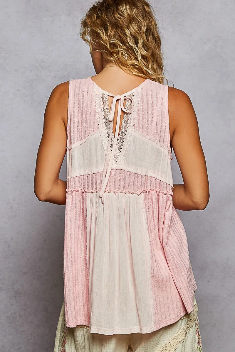 Image of POL Lace Trim Two-Tone Tank with Pintuck Detail | Queeble.shop