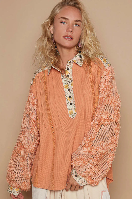 Image of POL Floral Half Button Lace Detail Long Sleeve Top | Queeble.shop