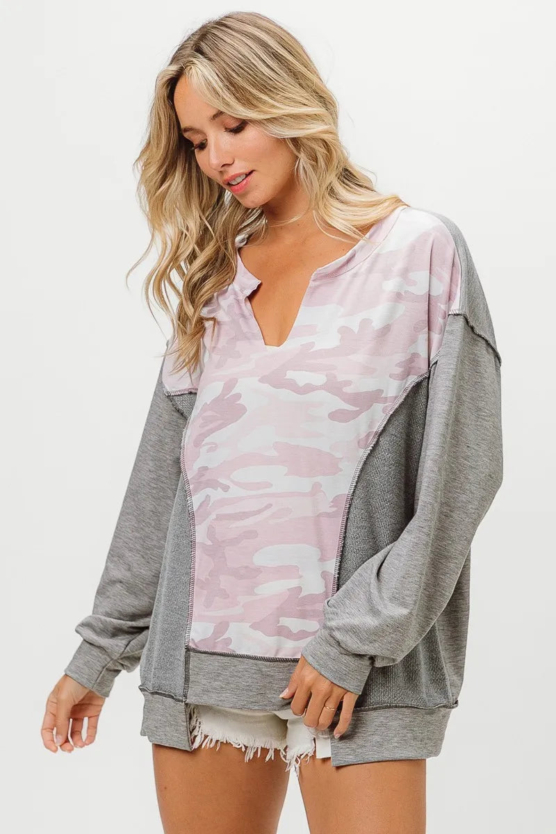 Image of BiBi Camo Printed French Terry Knit Color Block Top | Queeble.shop