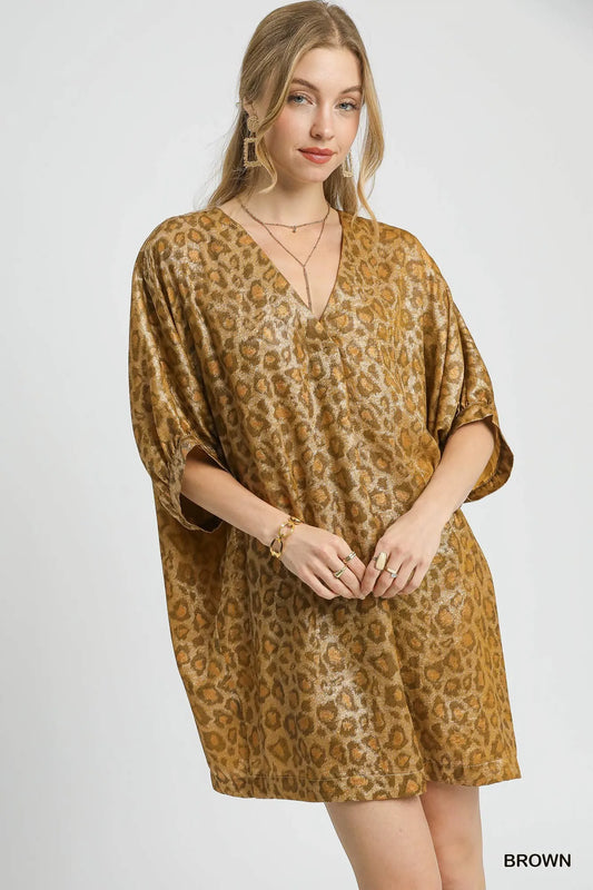 Image of Umgee Metallic Leopard Print V-Neck Kimono Dress | Queeble.shop