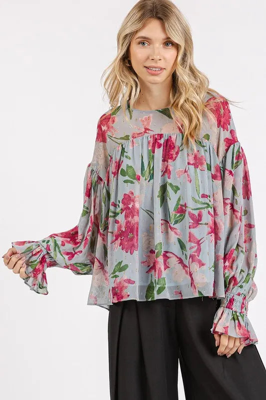 Image of Mittoshop Floral Round Neck Flounce Sleeve Blouse | Queeble.shop
