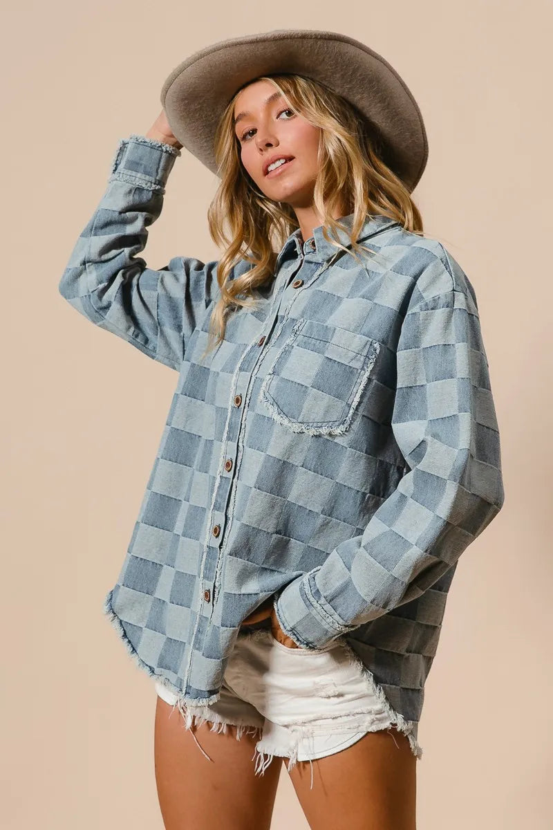 Image of BiBi Frayed Edged Detail Washed Checker Denim Shirt | Queeble.shop