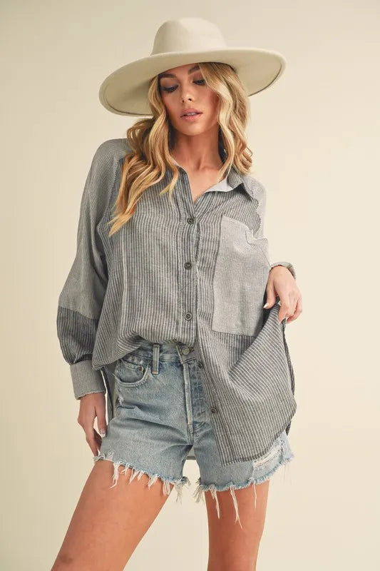 Image of Aemi + Co Striped Collared Neck Lantern Sleeve Shirt | Queeble.shop