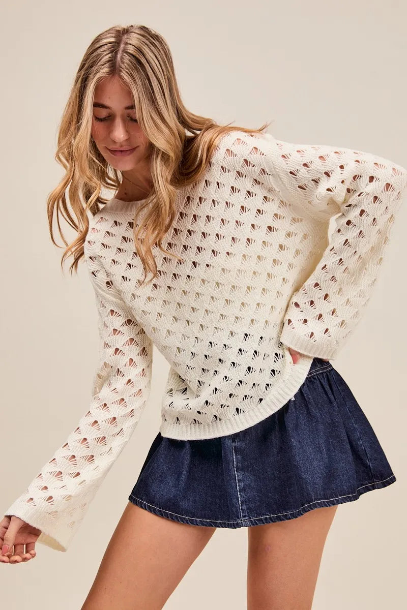 Image of SO ME Geometric Pattern Open Knit Lightweight Sweater | Queeble.shop