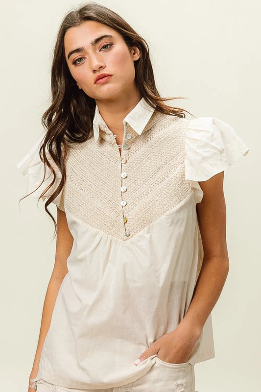 Image of BiBi Half Button Collared Neck Short Sleeve Top | Queeble.shop