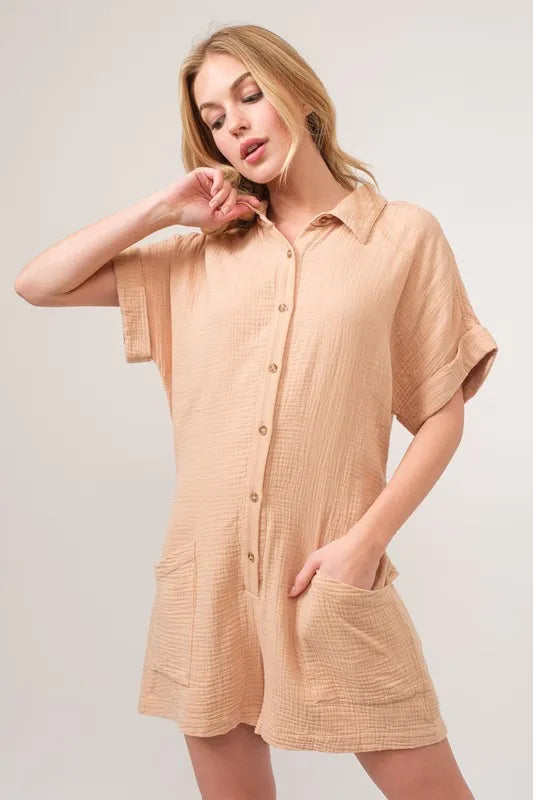 Image of And The Why Washed Gauze Roll-up Sleeve Comfort Utility Romper | Queeble.shop