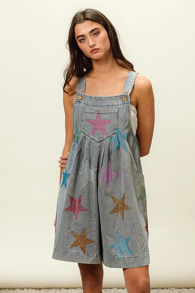 Image of BiBi Star Rhinestone Washed Wide Leg Shortalls | Queeble.shop