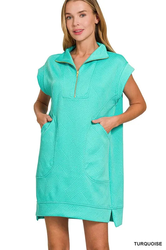 Image of Zenana Textured Knit Jacquard Quarter Zipper Mini Dress | Queeble.shop