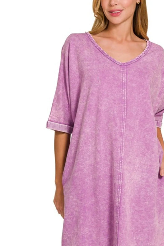 Image of Zenana Acid-washed French Terry Tee Shirts Dress | Queeble.shop