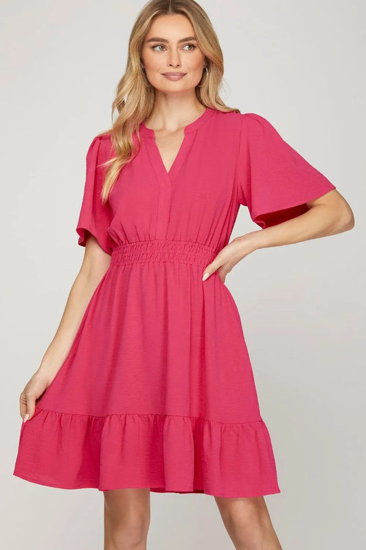 Image of She + Sky Ruffled Hem Notched Flutter Sleeve Mini Dress | Queeble.shop
