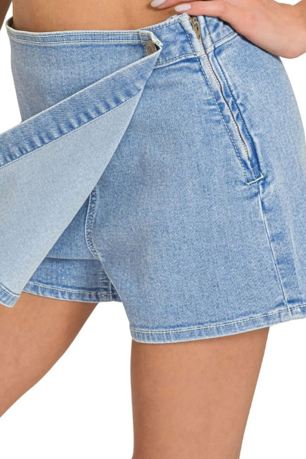 Image of Zenana Wrap Front Skort Denim Shorts | Queeble.shop