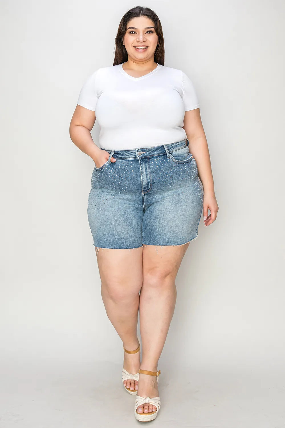 Image of Judy Blue Full Size High Waist Rhinestone Decor Denim Shorts | Queeble.shop