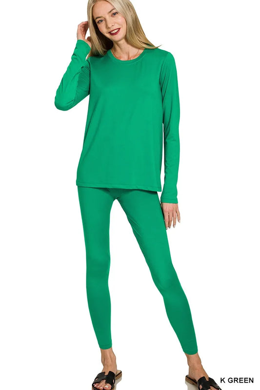 Image of Zenana Microfiber Round Neck Top and Leggings Set | Queeble.shop
