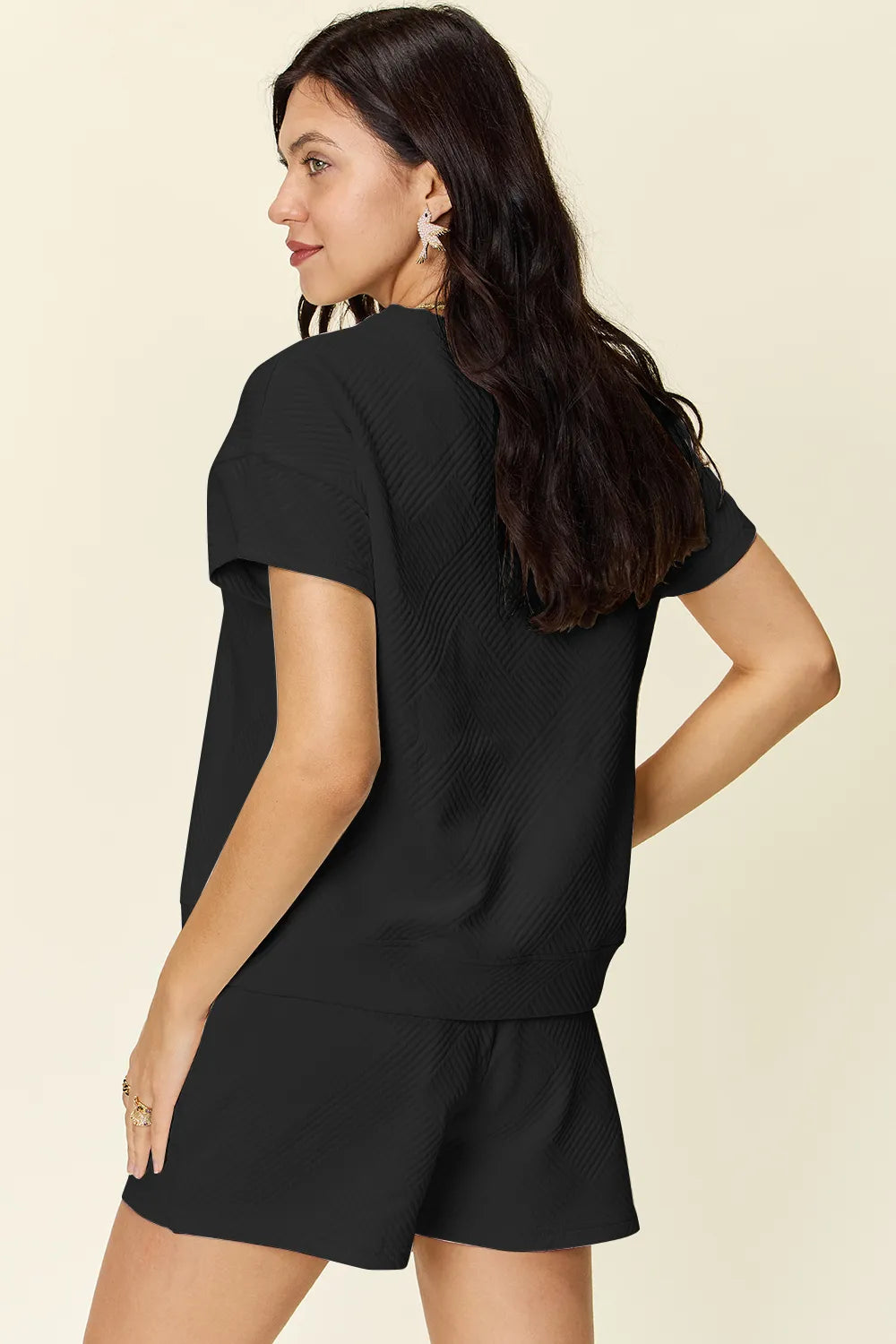 Image of Double Take Full Size Texture Short Sleeve T-Shirt and Drawstring Shorts Set | Queeble.shop