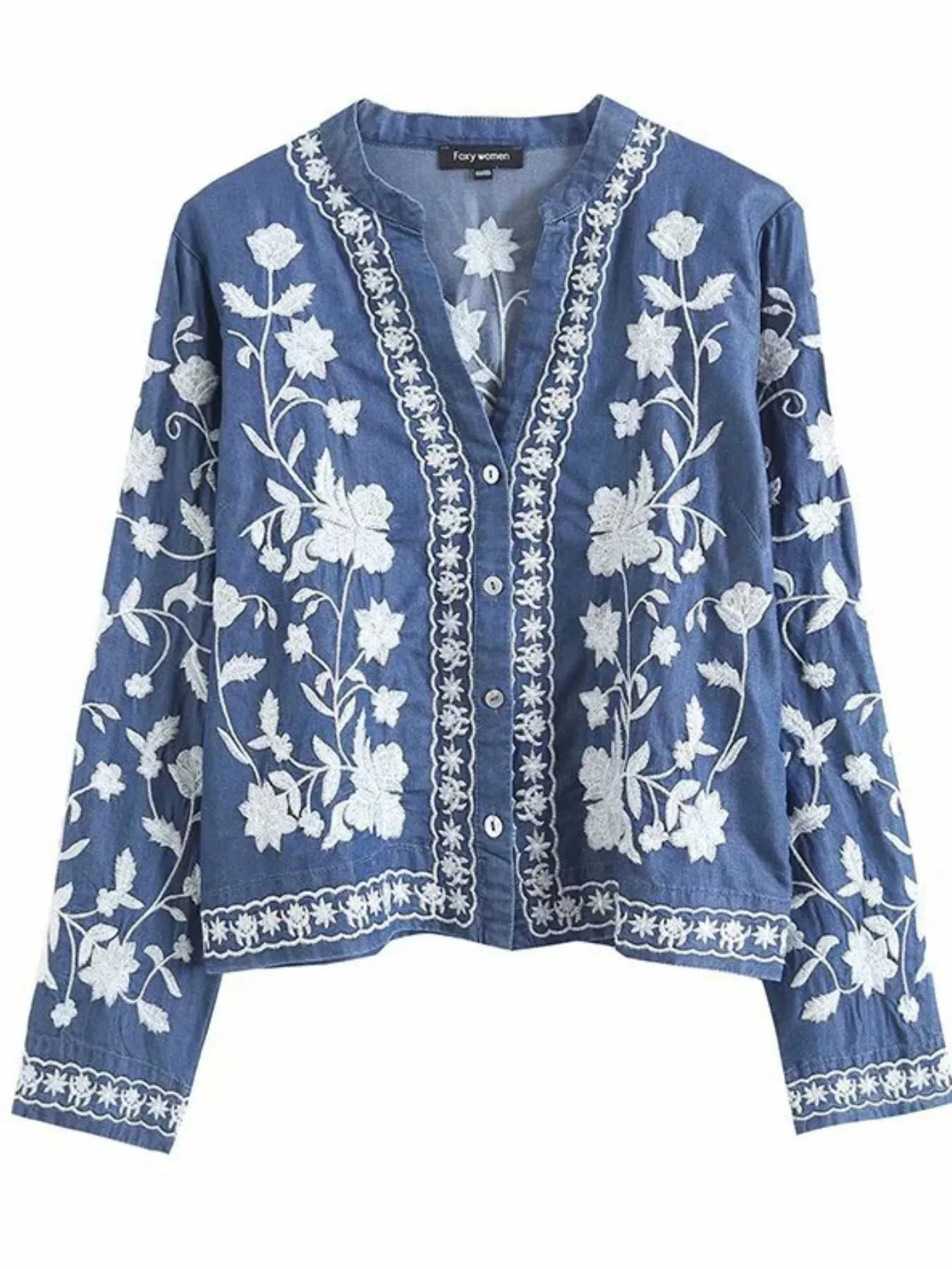 Image of Floral Embroidered Button Up Denim Shirt | Queeble.shop
