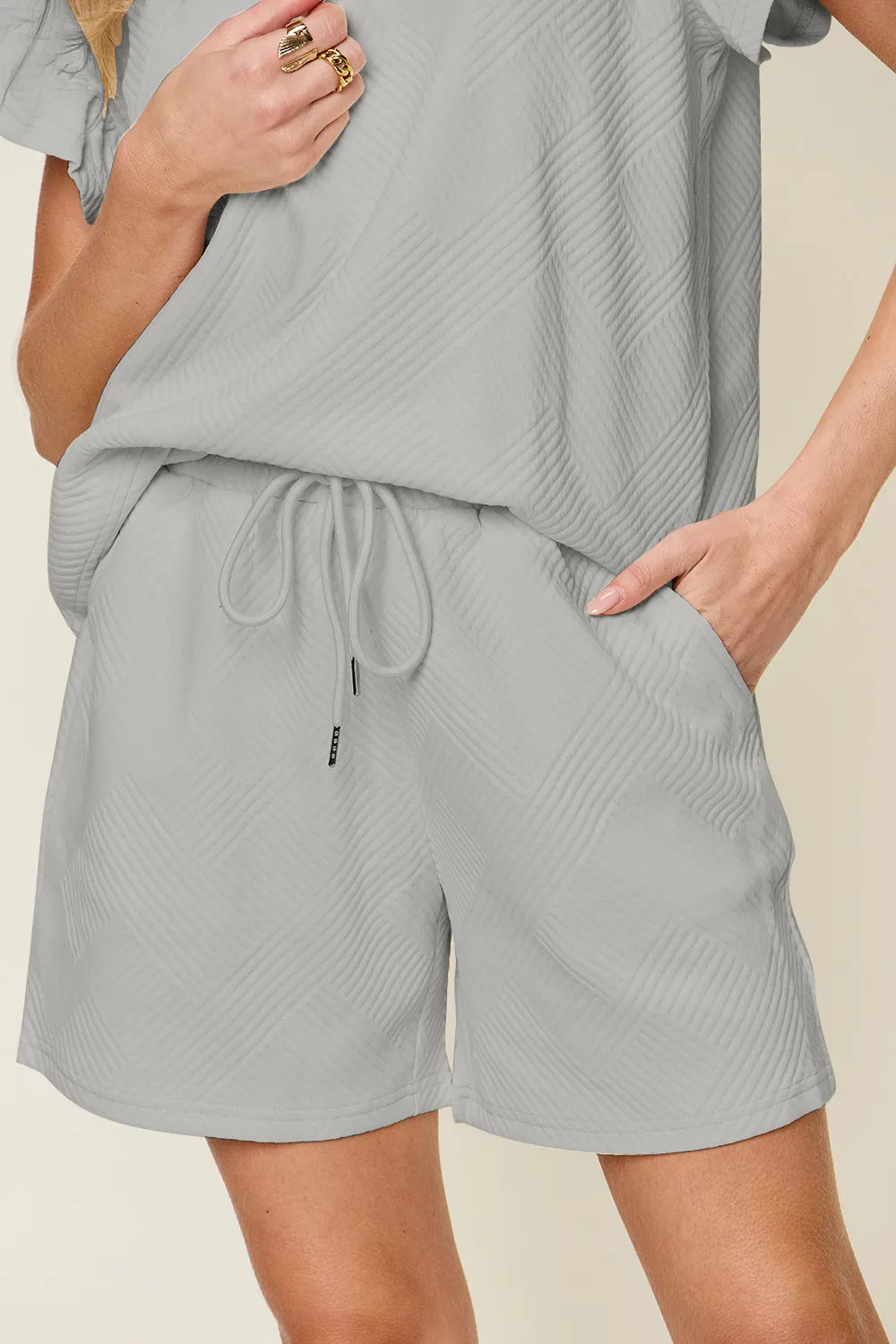 Image of Double Take Full Size Texture Flounce Sleeve Top and Drawstring Shorts Set | Queeble.shop