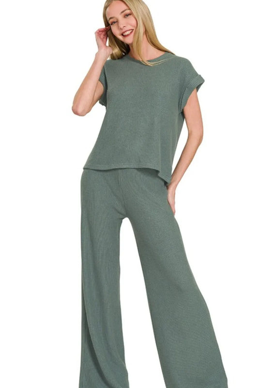 Image of Zenana Rolled Sleeve Top and Pants Sweater Set | Queeble.shop