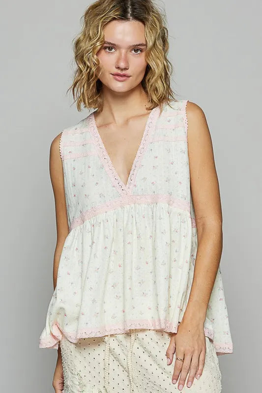 Image of POL Lace Detail Floral V-Neck Sleeveless Top | Queeble.shop