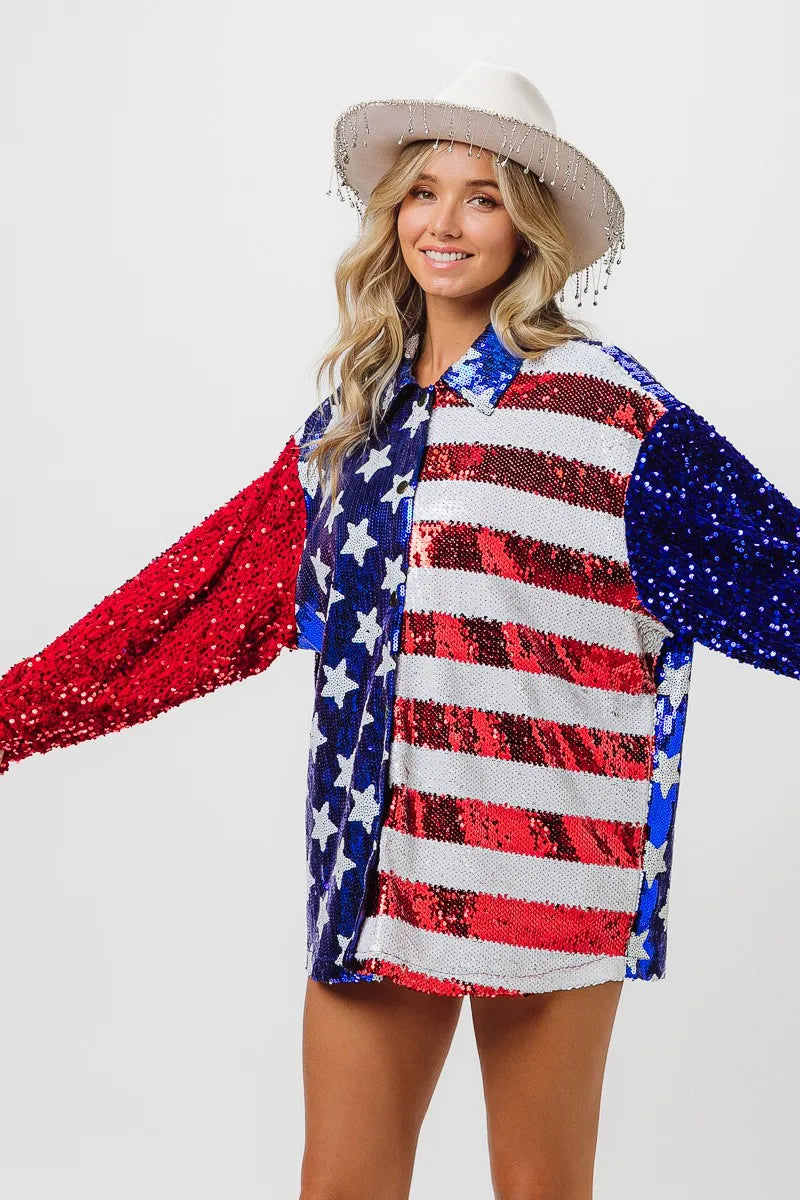 Image of BiBi Velvet Sequin American Flag Shirt | Queeble.shop