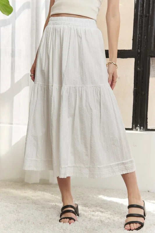 Image of ADORA Elastic Waistband Tiered Midi Skirt | Queeble.shop