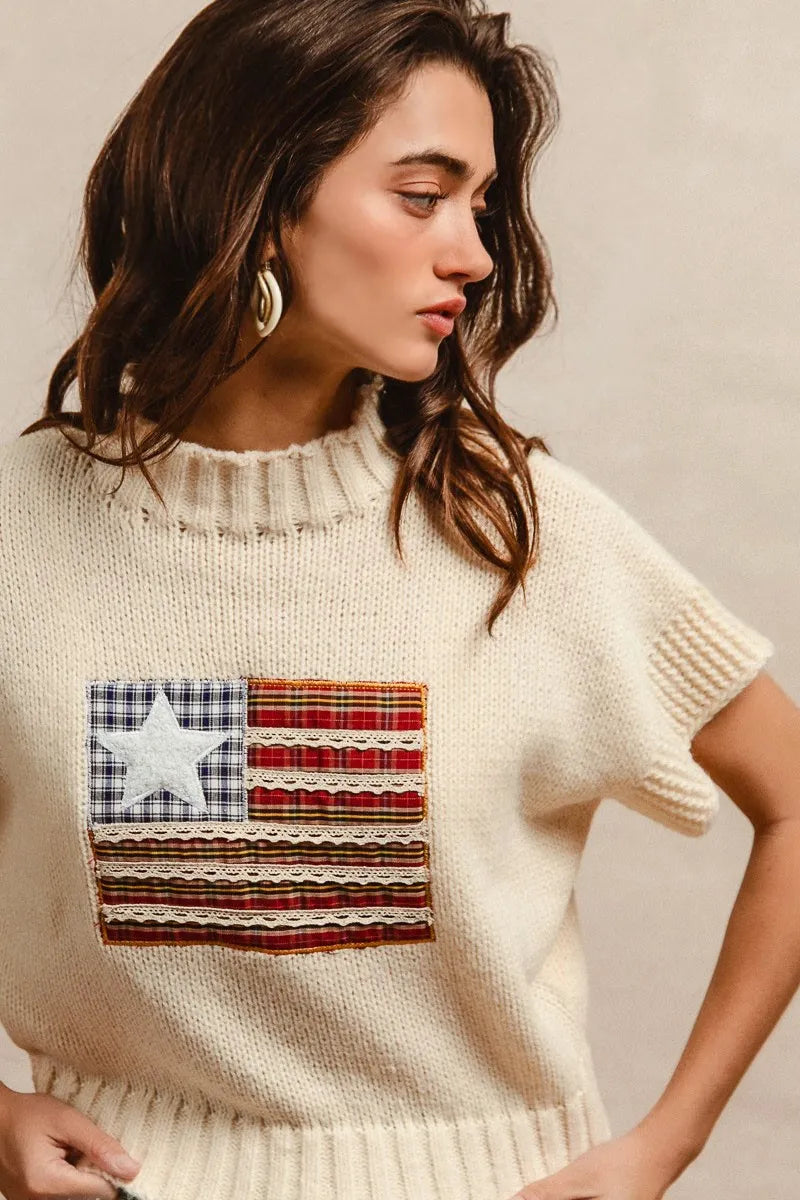 Image of BiBi American Flag Patchwork Drop Shoulder Sweater | Queeble.shop