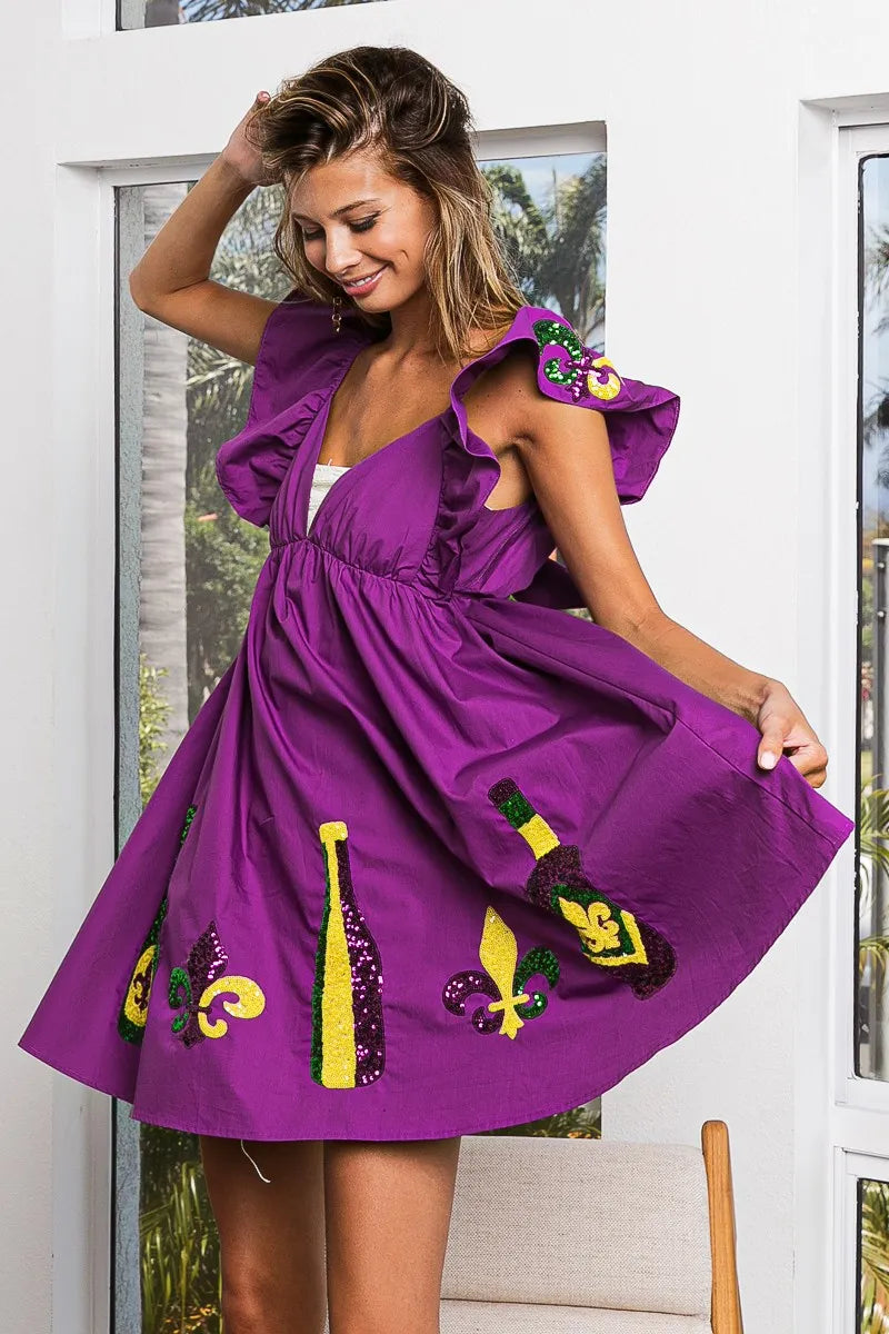 Image of BiBi Mardi Gras Sequin Embroidery Ruffled Dress | Queeble.shop