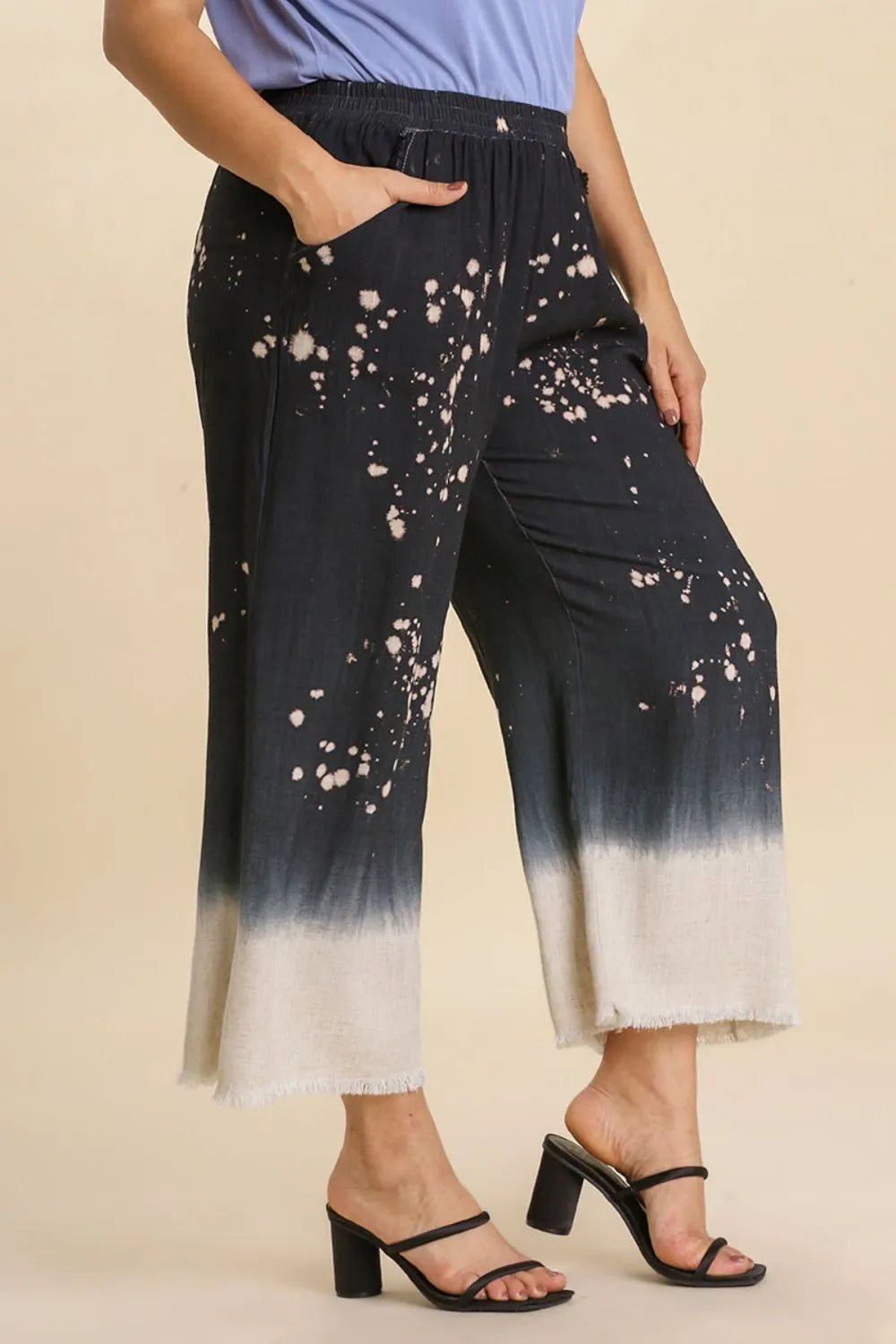 Image of Umgee Full Size Raw Hem Linen Blend Bleach Dip Dye Wide Leg Pants Plus Size | Queeble.shop