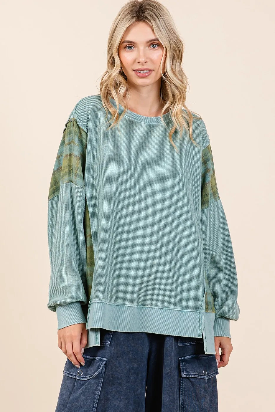 Image of Mittoshop Plaid Panel Mineral Wash French Terry Sweatshirt | Queeble.shop