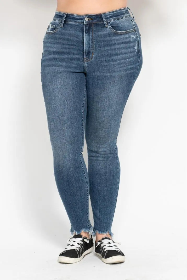 Image of Judy Blue Plus Size High Waist Skinny with Destroy & Shark Bit Hem | Queeble.shop
