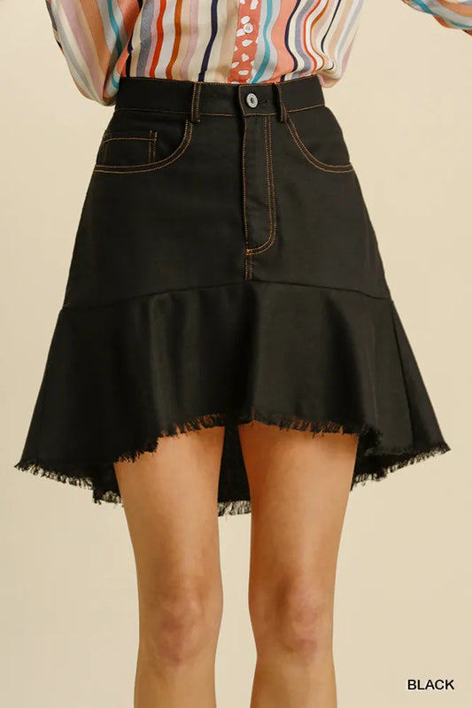 Image of Umgee Linen Blend 5 Pockets High Low Skirt with Frayed Hem | Queeble.shop