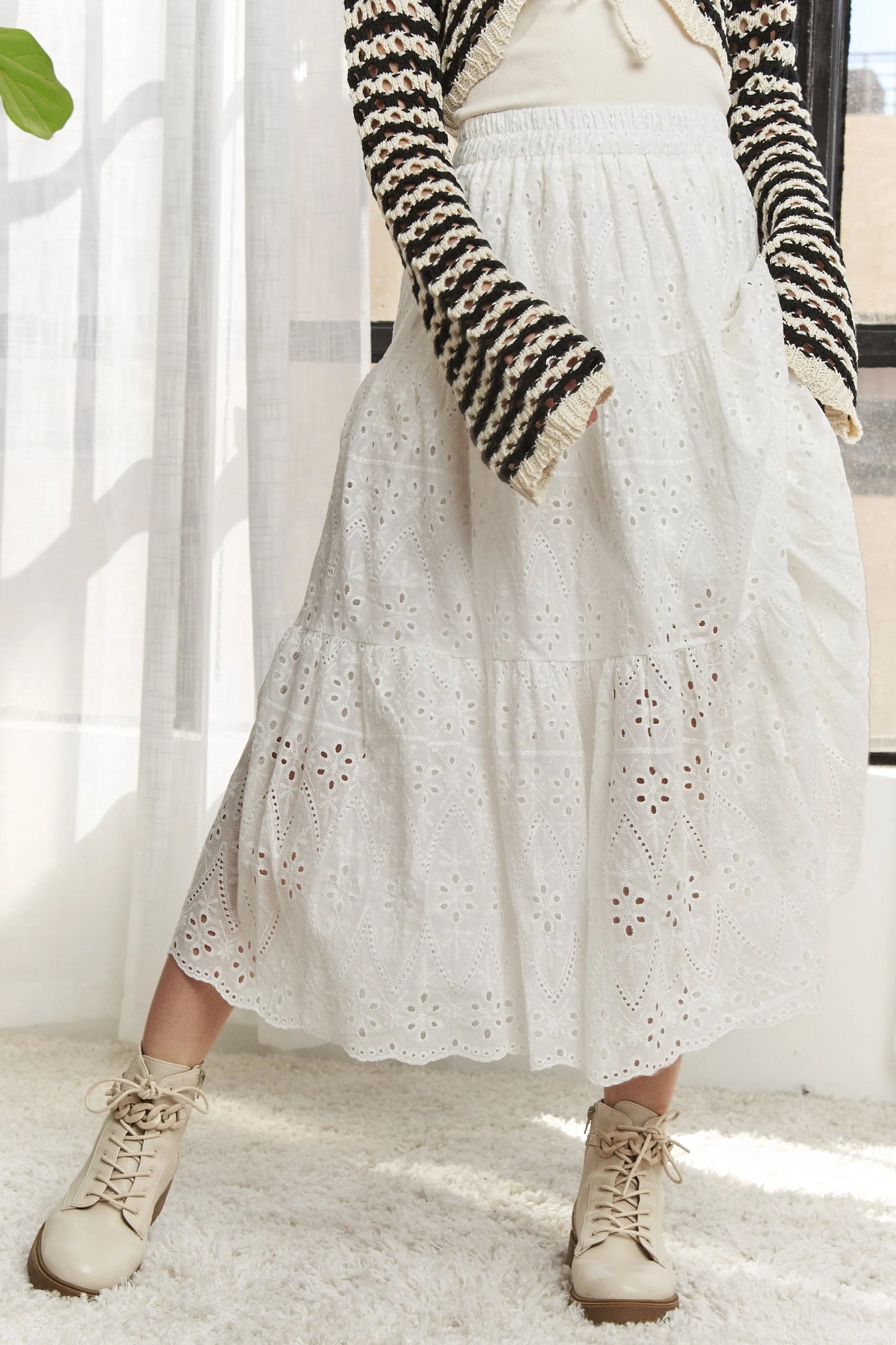 Image of ADORA Elastic Waistband Tiered Midi Skirt | Queeble.shop