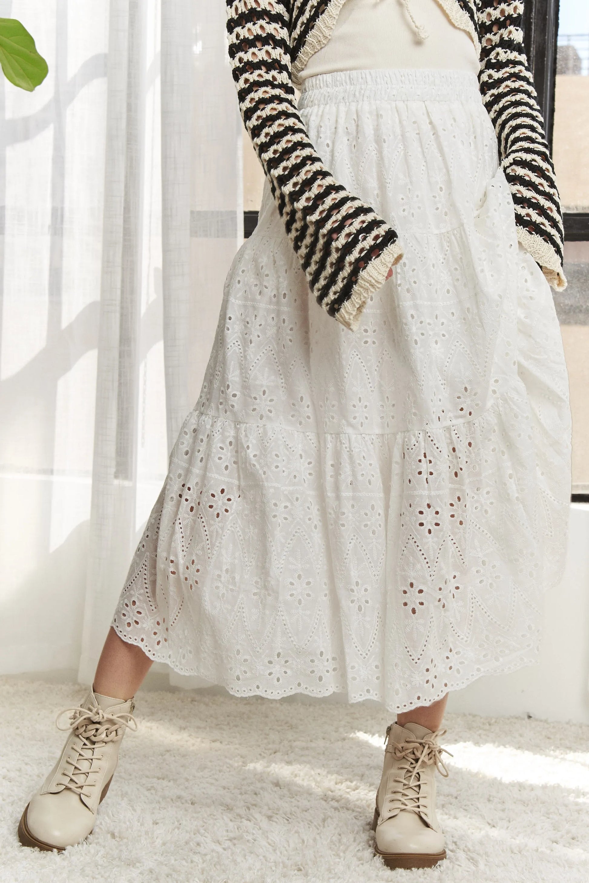 Image of ADORA Elastic Waistband Tiered Midi Skirt | Queeble.shop