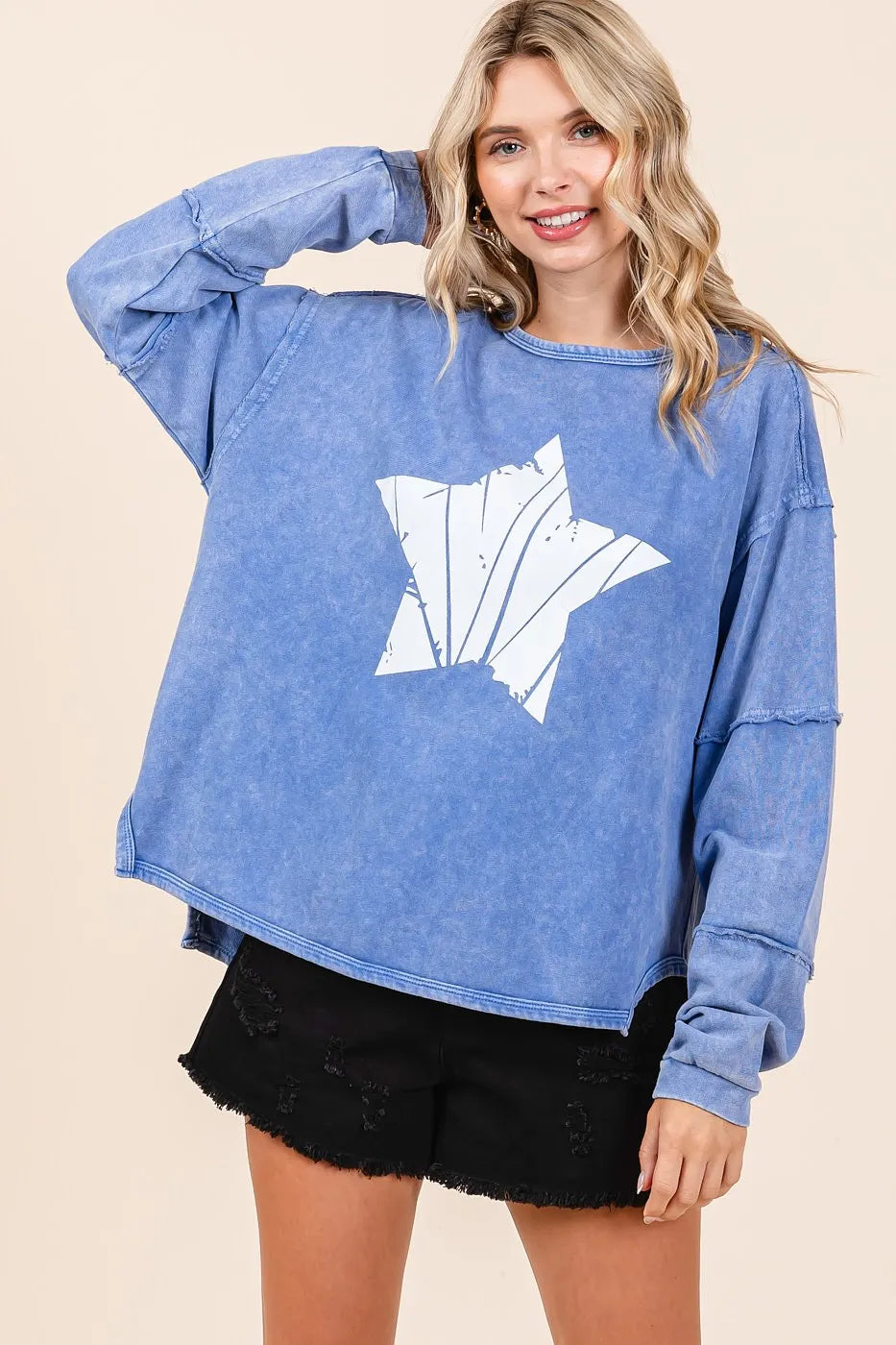 Image of Mittoshop Star Graphic Mineral Wash Long Sleeve Top | Queeble.shop